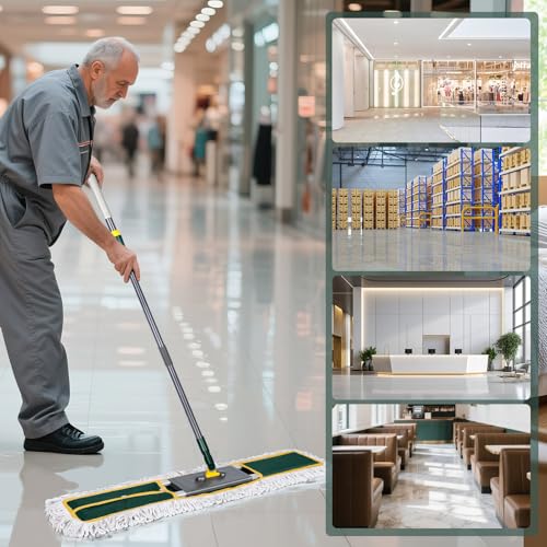 Masthome 36" Commercial Dust Mop, 60" Telescopic Handle Heavy Duty Floor Mop, Wet Dry Industrial Mop with 3 Reusable Pads for Hardwood Marble Laminate Tile, Home Gym Office Use - color: Green Large