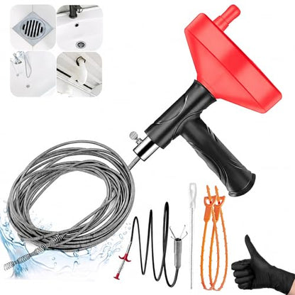 Drain Snake Auger 33 Ft, Plumbing Snake Drain Hair Clog Removal Tool, Heavy Duty Snake Auger, Sink Unclogger Drain Cleaner Tool for Bathroom Kitchen Tub Shower Drain Clog Remover with Gloves, Red