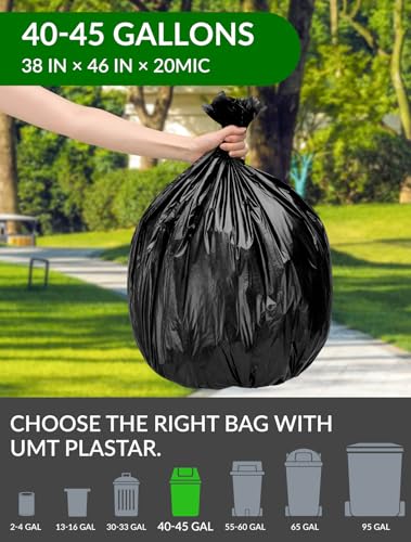 UMT Plastar 150 Count 40-45 Gallon Heavy Duty Black Trash Bags, 38x46 Inch Leak-Resistant Garbage Bags