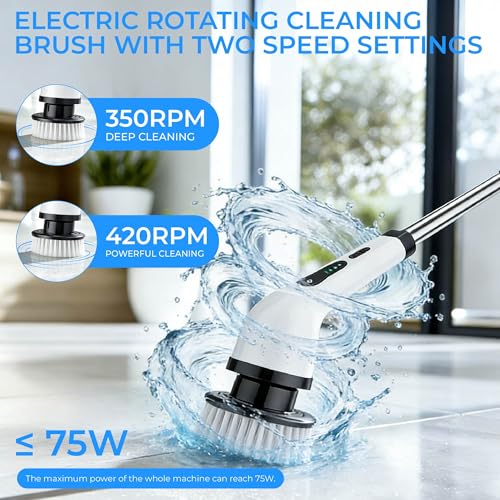 Electric Spin Scrubber Cordless for Bathroom & Floor, Extendable, 6 Heads | No bending needed. Cordless scrubber cleans bathroom, kitchen tiles & rims easily. 2 speeds, IPX7 & 6 heads.