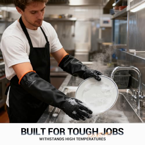 ThxToms Heavy Duty Rubber Gloves, Industrial Chemical Resistant Gloves Waterproof Reusable Protective Work Gloves for Cleaning, Dishwashing,Upgraded with Non-Slip Design, Black, 22" 1 Pair - color: 22"
