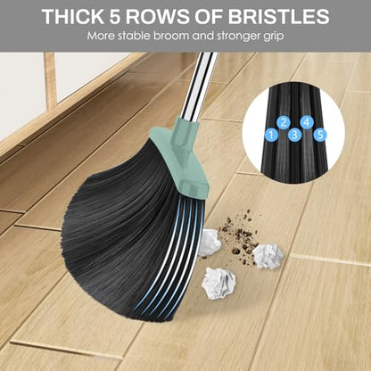 Broom and Dustpan Set for Home, 51-in Long Adjustable Handle Angle Broom and Dustpan Combo Set with Dust Pan Teeth to Clean Hair for Home Kitchen Office Lobby Floor Garden, Green - color: Green Grey