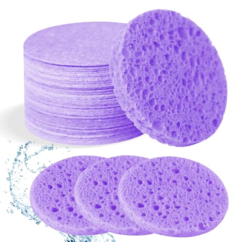 50-Count Facial Sponges Compressed Natural Cellulose Sponge Round Shape Face Sponge for Face Cleansing Exfoliating and Makeup Removal, Purple - color: 50- Pack Purple