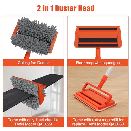 Qaestfy Ceiling Fan Cleaner Duster with 62.5‘’ Extendable Long Handle Ceiling Fan Blade Cleaning Tool, Reusable Chenille & Microfiber Mop Head for Dusting Ceiling Fan Baseboard Wall Floor