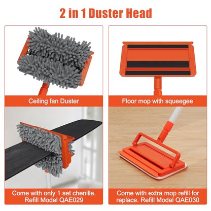Qaestfy Ceiling Fan Cleaner Duster with 62.5‘’ Extendable Long Handle Ceiling Fan Blade Cleaning Tool, Reusable Chenille & Microfiber Mop Head for Dusting Ceiling Fan Baseboard Wall Floor