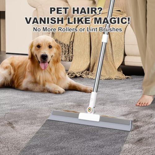Squeegee Broom for Floor, 18 Inch Heavy Duty with Rubber Scrubbing Teeth, 2-in-1 Silicone Broom for Pet Hair, Dust and Water, 61 Inch Long Handle (15.7in) - size: 15.7in