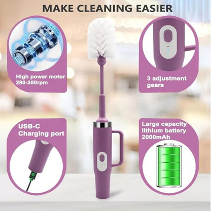 5 in 1 Electric Bottle Brush Cleaner Compatible Stanley Bottle Brush Straw Cleaner Multifunction Rechargeable IPX6 Waterproof Extra Long Design for Stanley Cup, Sports Bottle and More (Purple-1) - color: Purple-1