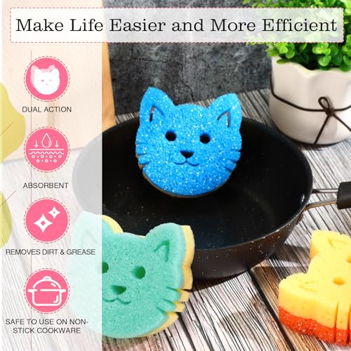 FillTouch 3 Pcs Dual Sided Scrub Sponge Multi Functional Cute Temperature Sensitive Non Scratch Dish Sponge for Washing Dishes Kitchen Bathroom (Cat,Green, Orange, Blue) - color: Green, Orange, Blue, style: Cat