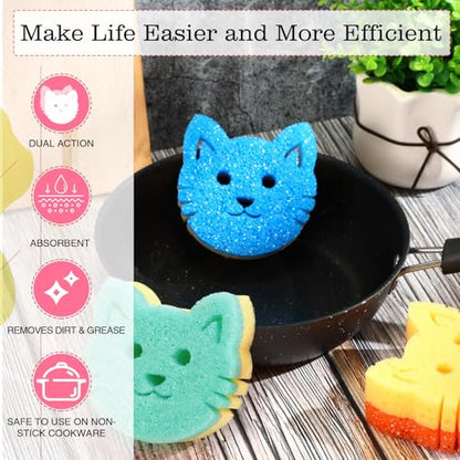 FillTouch 3 Pcs Dual Sided Scrub Sponge Multi Functional Cute Temperature Sensitive Non Scratch Dish Sponge for Washing Dishes Kitchen Bathroom (Cat,Green, Orange, Blue) - color: Green, Orange, Blue, style: Cat