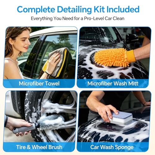 7-in-1, Car Wash Brush 15°Curved with 47" Long Handle and 90° Rotating Replaceable Brush Head, Car Wash Kit with Microfiber Towel and Tire Brush for Car, SUV, RV, Floor Cleaning-White. - color: White