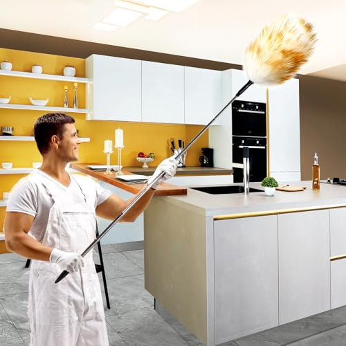Extendable Lambswool Duster 82inch with Aluminium Alloy Handle, Natural Long Feather Duster for Cleaning Fans, Ceiling, Bookshelevs, for Home&Office