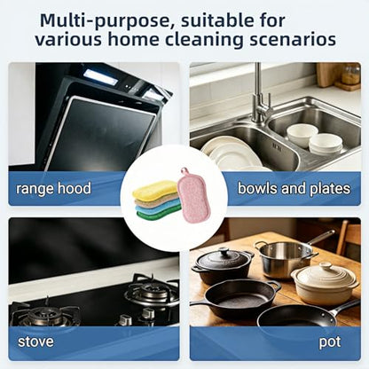 Multipurpose Kitchen Scrub Sponges, Heavy Duty Cleaning Non-Scratch Scrub Sponge, Double-Sided Reusable Microfiber Sponge with Hanging Rope for Household Cleaning, Dishes, Pots (5 Colors)