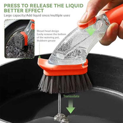 2-in-1 Soap Dispensing Dish Brush with Handle - Kitchen Scrub Brush for Easy Cleaning of Dishes, Pots, Pans, and Sinks (Green) - Efficient and Ergonomic Design Orange - color: Orange