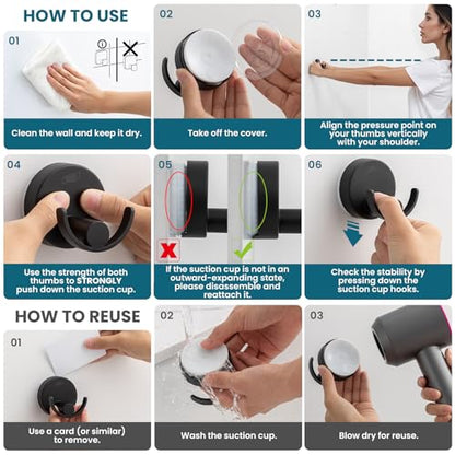 TAILI 304 Stainless Steel Bathroom Suction Hooks for Towel, Bathrobe, Loofah, Patented Strong Suction Cup Holder, No Damage Hanging Glass Shower Wall Hook, Double-Hook Sleek Design, 2 Pack, Black - color: Sleek Double-Hook, Black
