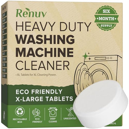 Renuv® Heavy Duty Washing Machine Cleaner & Descaler & Deodorizer Tablets | Deep Cleaning Tablets Remove Residue, Grime Buildup, Front Load or Top Load Washer, HE and Septic Safe, 6 Month Supply - style: 6 XL Tablets (6 Months)