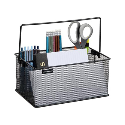 Mind Reader Multi-purpose Storage Caddy with Handle, Desktop Organizer, Cutlery Holder, 4 Compartments, Metal Mesh, Black - color: Black