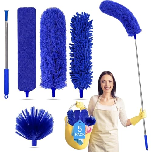 Tiumso Dusters for Cleaning,Microfiber Feather Duster 5-in-1 Kit, Duster with Extension Pole 100 Inches, Cobweb Duster, Microfiber Dusters for High Ceilings and Fans, Blinds and Cars - color: Blue