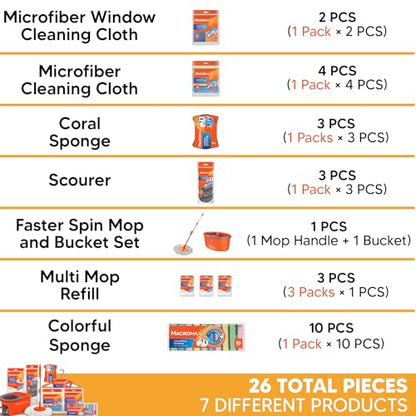 Home Cleaning Kit with Faster Spin Mop Bucket Refills Cloths Sponges Scourers Household Supplies Set