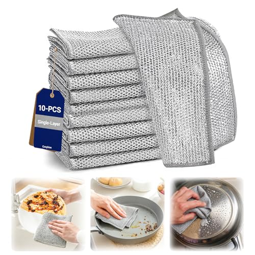 Non-Scratch Wire Dish Cloth, 10PCS Single Layer Multipurpose Wire Dishwashing Rags for Wet and Dry, Dish Cloths for Washing Dishes, Stovetops, Kitchen Countertops with Ease - size: 10-PCS Single-Layer
