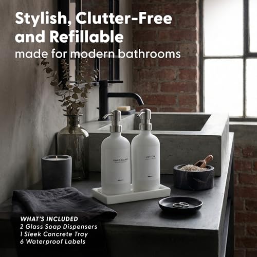 MaisoNovo Soap and Lotion Dispenser Set - Bathroom Soap Dispenser Set with White Soap Dispenser, Silver Pumps & Concrete Tray - color: White Bottles/ Silver Pumps/ White Concrete Tray
