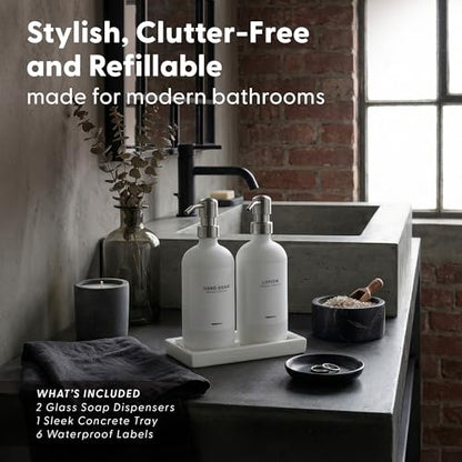 MaisoNovo Soap and Lotion Dispenser Set - Bathroom Soap Dispenser Set with White Soap Dispenser, Silver Pumps & Concrete Tray - color: White Bottles/ Silver Pumps/ White Concrete Tray