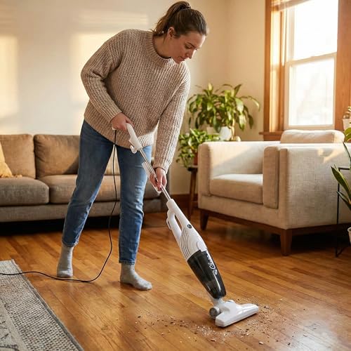 Stick Vacuum Cleaner 600W, Corded Bagless Upright Vacuum for Carpet, Hardwood, Tile Floors, Lightweight with Crevice Tool, Picks Up Pet Hair, Human Hair, Great for Home, Dorm, Small Spaces