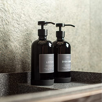 Hand and Dish Soap Dispenser for Kitchen and Bathroom, Set of 2 16 Oz Glass Bottles, Stainless Steel Pumps, Non-Slip Silicone Base, 27 Waterproof Labels (Gloss Black Bottle/Black Pump) - color: Gloss Black Bottle / Black Pump
