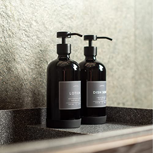 Hand and Dish Soap Dispenser for Kitchen and Bathroom, Set of 2 16 Oz Glass Bottles, Stainless Steel Pumps, Non-Slip Silicone Base, 27 Waterproof Labels (Gloss Black Bottle/Black Pump) - color: Gloss Black Bottle / Black Pump