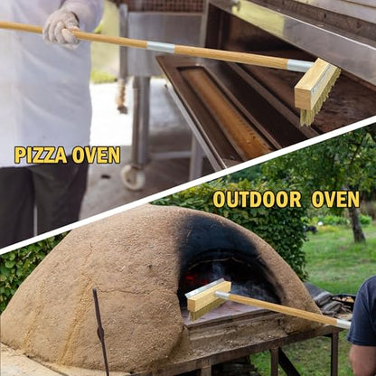 Pizza Oven Brush with Scraper,60-Inch Adjustable-Length Long Wood Handle Brass Bristles,Outdoor Pizza Oven Brush - size: 60 inch