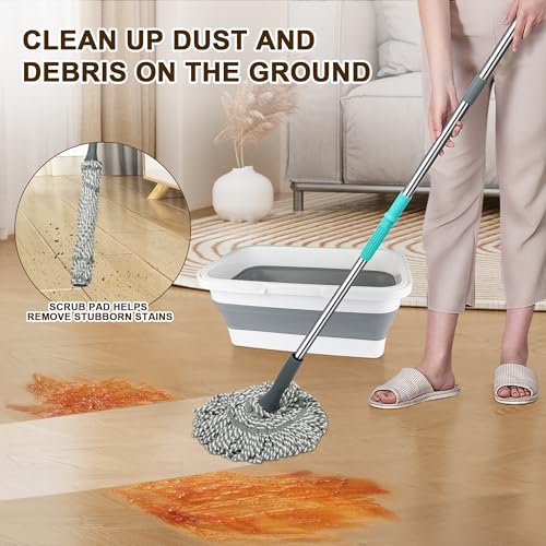 Self Wringing Mop with Bucket- Easy Squeeze Twist Mop with 52.5 Inch Long Handle, Heavy Duty for Hardwood, Tile, Vinyl & Laminate Floors (Gray+White) - color: Gray+white