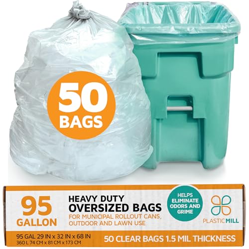 PlasticMill Heavy Duty Trash Bags - Clear Garbage Bags - Plastic Trash Bags for Large Rolling Trash Bins - Tall Trash Bags - 95-Gallon Large Kitchen Trash Bags, 1.5 Mil, 61"x68" (50-Count) - size: 1.5 Mil