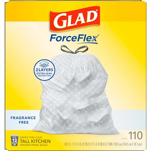 Glad ForceFlex Tall Kitchen Drawstring Trash Bags,13 Gal,Fragrance Free,110 Ct (Package May Vary),(Pack of 3) - size: 110 Count (Pack of 3)