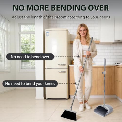YZO Broom with Dustpan Combo Set, 54.33 Inch Long Handle Standing Design, Dustpan Front Rubber Tight Seal, Broom with 5 Layer Bristles, Suitable for Bedroom, Yard, Office and Apartment(Gray&Black) - color: Gray&black