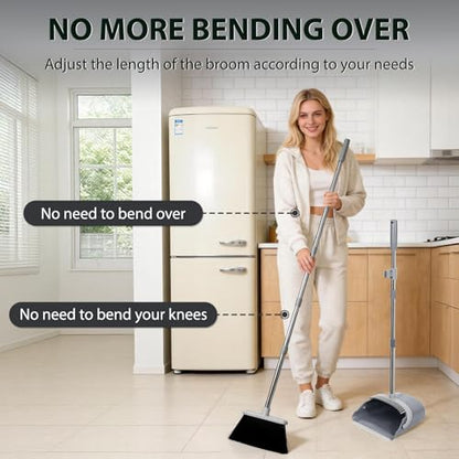 YZO Broom with Dustpan Combo Set, 54.33 Inch Long Handle Standing Design, Dustpan Front Rubber Tight Seal, Broom with 5 Layer Bristles, Suitable for Bedroom, Yard, Office and Apartment(Gray&Black) - color: Gray&black