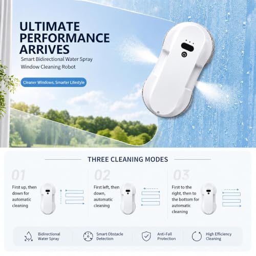 RINLAIN Window Cleaning Robot, 2026 Upgraded Robot Window Cleaner with 2700-3300Pa Variable Suction, Dual-Side Spray & Edge Detection for Glass Mirrors