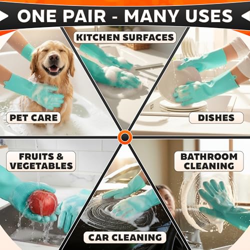 ALPENKOK Silicone Dishwashing Gloves with Scrubber – Non-Slip Silicone Gloves for Washing Dishes | Household Use - color: Turquoise