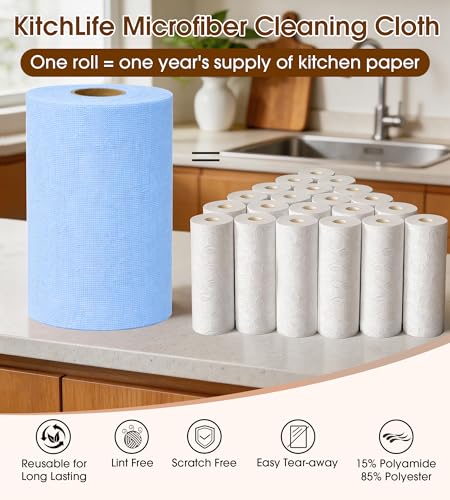 KitchLife Microfiber Cleaning Cloth Roll, 200 Pack - Tear-Away Microfiber Paper Towels, Lint-Free, Reusable, Washable for Kitchen, Car, Dishes, and Sensitive Surfaces (Blue) - color: Blue, size: 100 Pack x 2