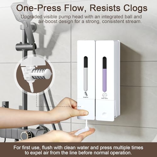 2 Chamber Shampoo and Conditioner Dispenser, No Drill - Wall Mounted Shower Soap Dispenser, Refillable Body Wash Dispenser Set 2, 800ML Capacity, for Bathroom & Hotel, White - color: White Set of 2
