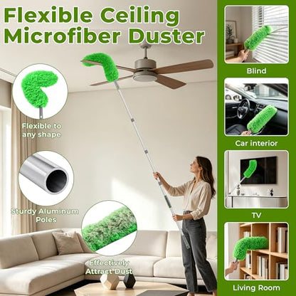 Ceiling Fan Cleaner Duster with 77" Extension Pole, 4-in-1 Reusable Microfiber & Chenille Fan Blade Cleaner, Bendable Fan Duster for Ceiling Fan Blade Blinds Baseboard Cobweb