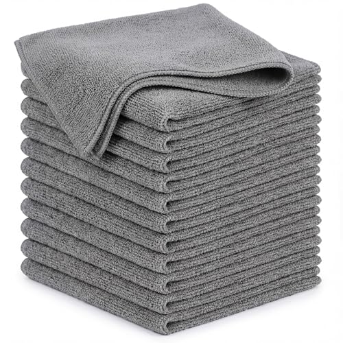 POPCHOSE Microfiber Towels 12 Pack for Cars, Super Absorbent Cleaning Cloths, Lint Free Streak Free Towels for Car Detailing, Household, Kitchen, Glass & Tools, Grey