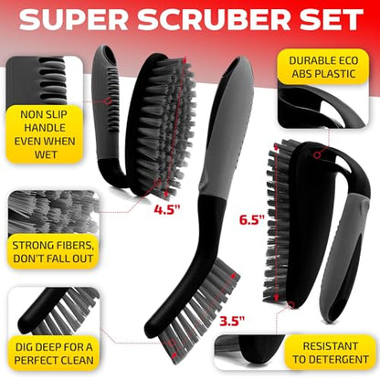 Scrub Brush Set of 6 pcs - Cleaning Shower Scrubbers with Squeegee for Shower Glass and Adhesive Wall Hooks Including Grout Cleaner Brush, Scrub Brushes for Cleaning Bathroom, Shower, Tile, Bathtub - color: Black, Set of 6