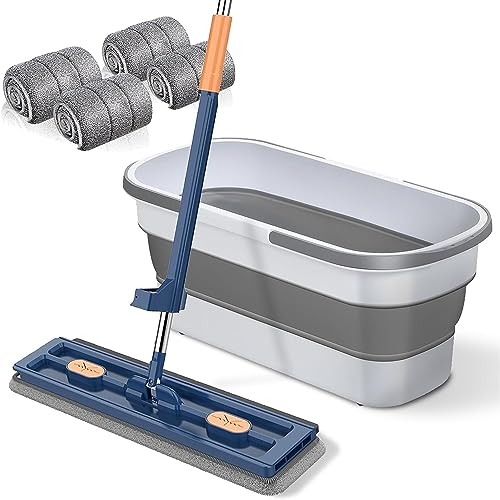 Large Flat Mop - 360° Rotating Mop with Dewatering Scraper, Djustable Stainless Steel Long Handle with 2 Microfiber Pads 12027(54" Blue+22" Bucket Set,+4 Pads) - color: 54" Blue+22" Bucket Set, size: +4 Pads