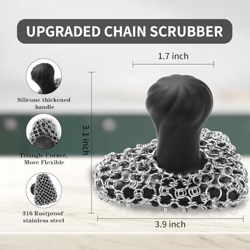 Cast Iron Scrubber with Handle 316 Dish Cast Cleaner Chainmail Scrubber for Pan Skillet Iron Scrub Brush Steel Wool Scrubber Cleaning Kit (1 Scrub + 1 Scraper) - color: Black 02