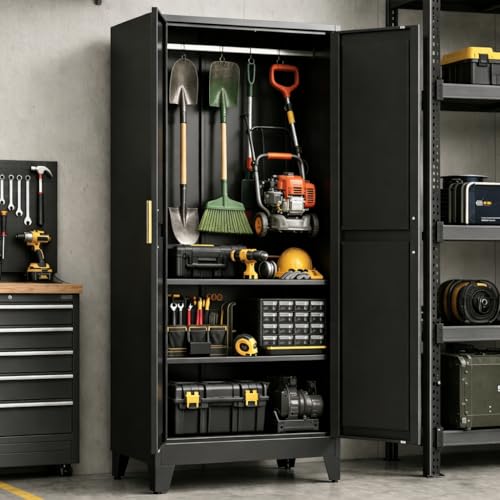 71" H Metal Storage Cabinets,Garage Cabinet,Broom Closet Storage Cabinet,Black Storage Cabinets,Utility Cabinet - color: Black, size: 71"H-2 Shelves
