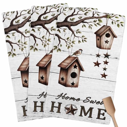Bird Houses Kitchen Towels Set of 3 Sparrows Home Sweet Branch Star White Wood Grain Decorative Dish Towels Ultra Soft Microfiber Absorbent Reusable Dishcloths for Kitchen Drying, 18x28 Inch - size: 28" x 18" (Pack of 3)