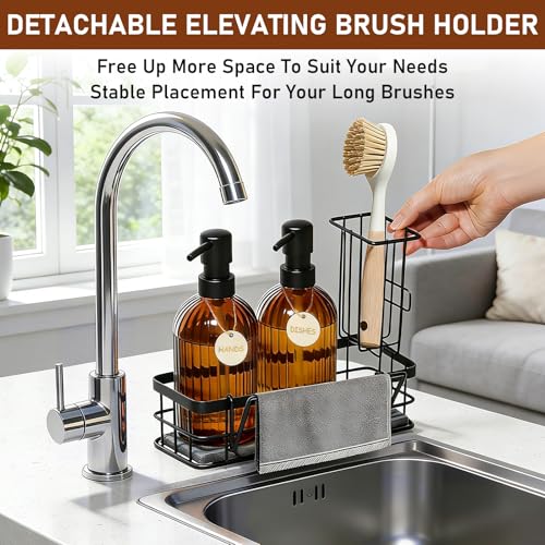 Kitchen Soap Dispenser Set, 14.4 oz/425 ml Hand and Dish Soap Dispenser Set, Dish Soap Dispenser with Sponge Holder & Diatomite Tray, for Countertop Organizer, Amber - color: Amber