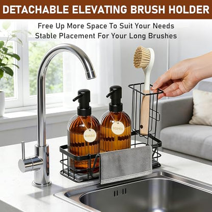 Kitchen Soap Dispenser Set, 14.4 oz/425 ml Hand and Dish Soap Dispenser Set, Dish Soap Dispenser with Sponge Holder & Diatomite Tray, for Countertop Organizer, Amber - color: Amber