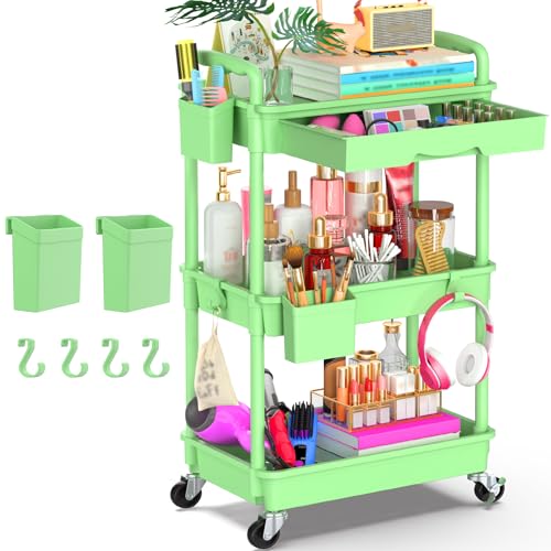 Goovilla 3 Tier Rolling Utility Cart Organizer with Removable Drawer, Stable and Sturdy Green Rolling Storage Carts with 2 Lockable Wheels for Bathroom, Kitchen, Snack, Craft, Makeup, Baby Essentials - size: 3 Tier, style: Green