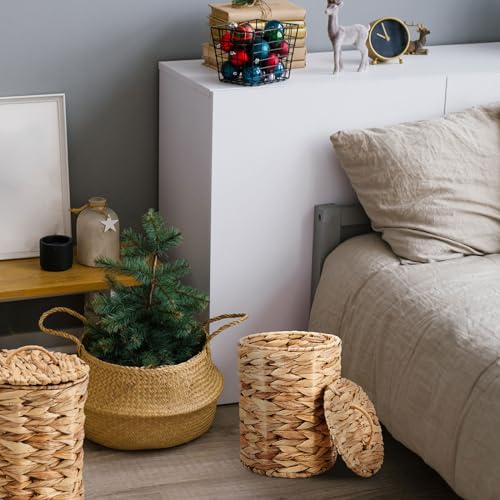 Ctosree 1.3 Gallons Small Trash Can with Lid Handle Boho Woven Braided Bathroom Waste Basket Trash Can with 100 Garbage Bags for Bedroom Office Laundry (Natural, Braided Wicker, Round) - color: Natural, style: Round