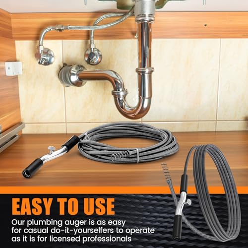Threlaco 25 ft Drain Auger Plumbing Snake for Heavy Deep Blockages 3/8" Diameter Flexible Plumbing Cables Drain Snake for Kitchen Bathroom Shower Sink Cleaning Drainage Clogs - size: 25 Ft, 3/8" Diameter